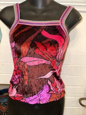 VINTAGE ESTATE LUXE DESIGNER VELOUR PRINT TANK TOP KNIT TRIM XS